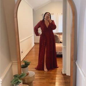 Burgundy Long Sleeve Burnout Maxi Wrap Dress